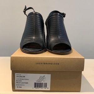 Lucky Brand, LK-Lialor,  black, sling back, stacked heel, size 8.5 sandals.